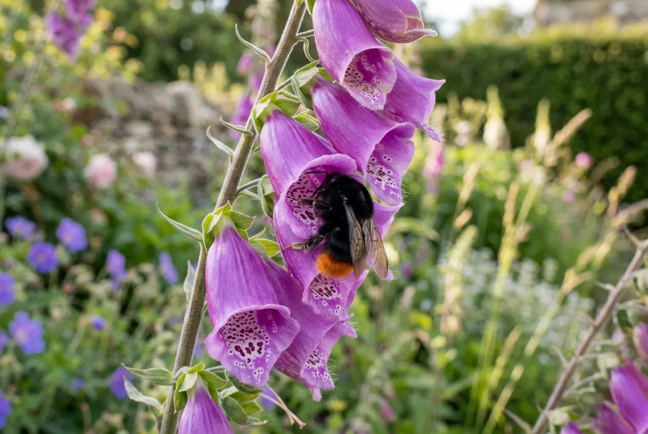 Red-tailed bumble bee species visiting foxglove flowers in a rural UK cottage garden