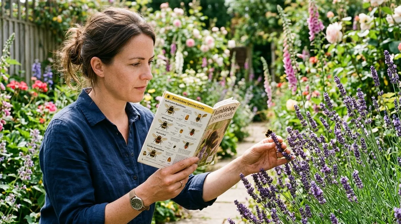 UK garden scene showing bumble bee species guide in seasonal context