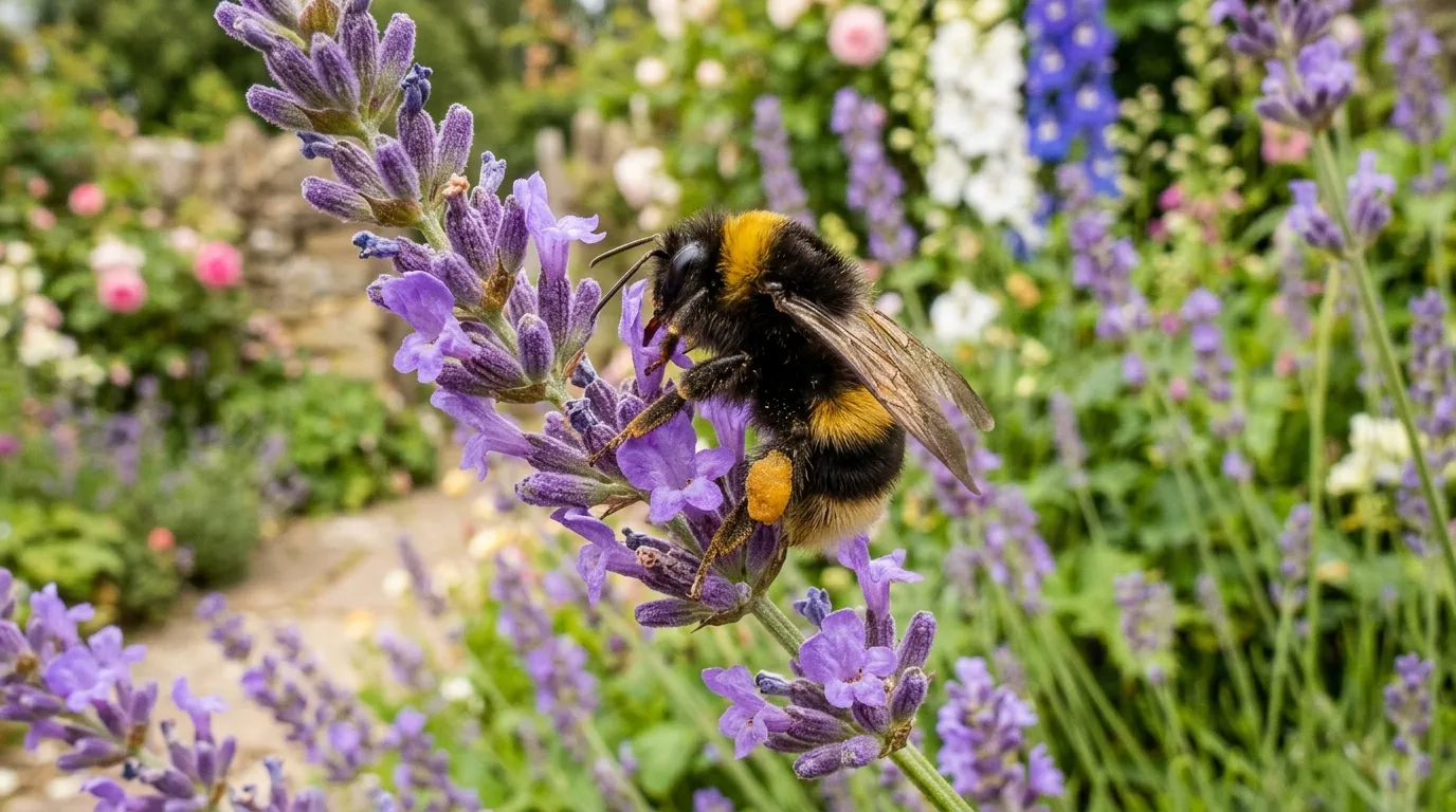 Buff-tailed bumble bee species visiting lavender flowers in a UK garden