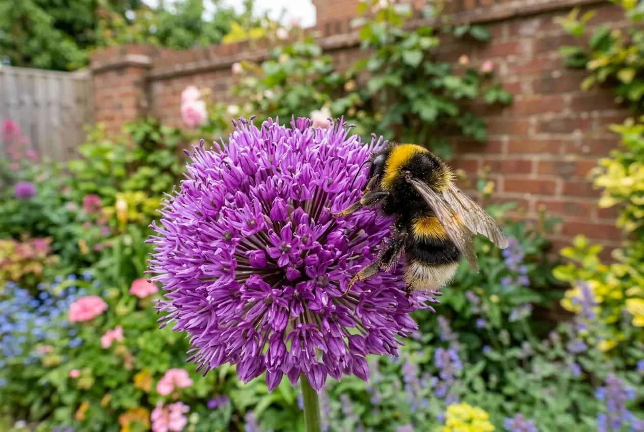 White-tailed bumble bee species feeding on allium in a UK suburban garden