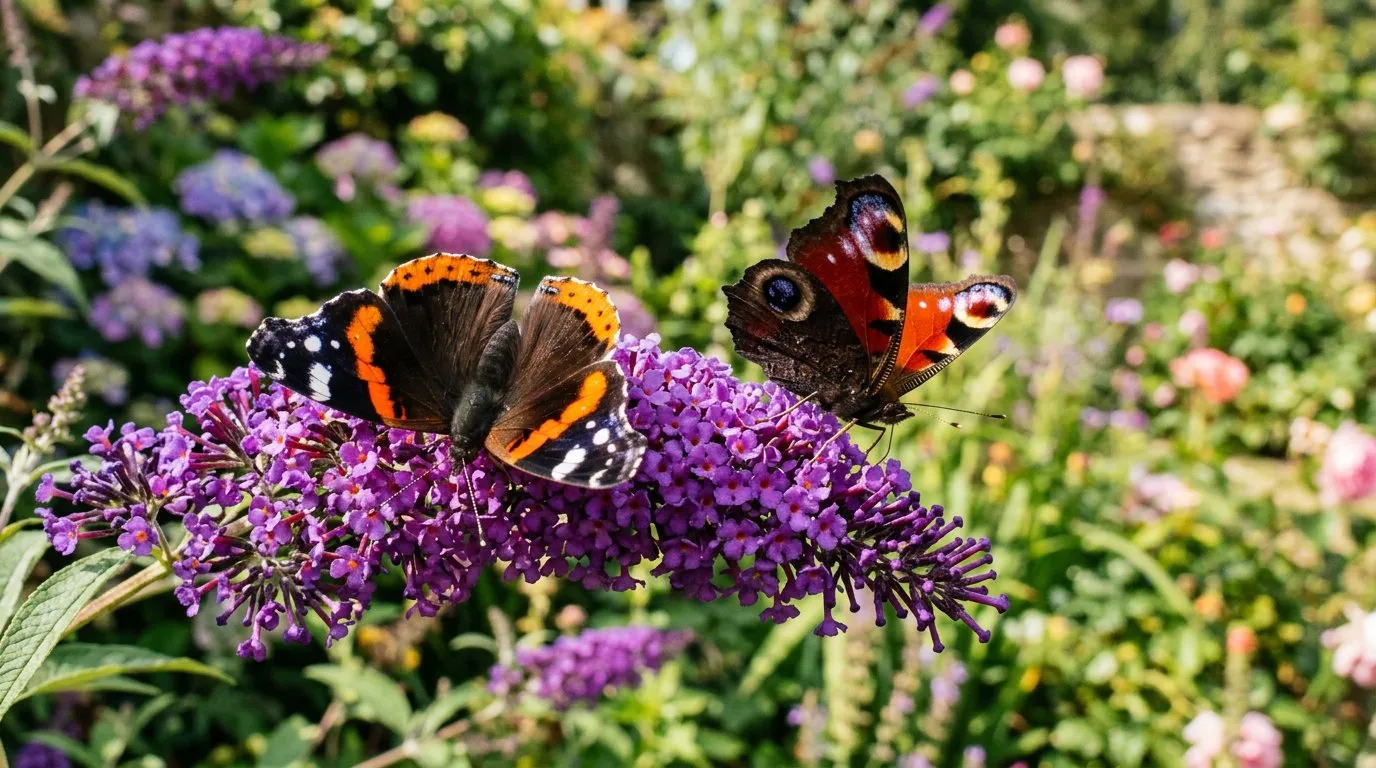 Painted lady butterfly feeding on purple buddleia flowers in a sunny English garden