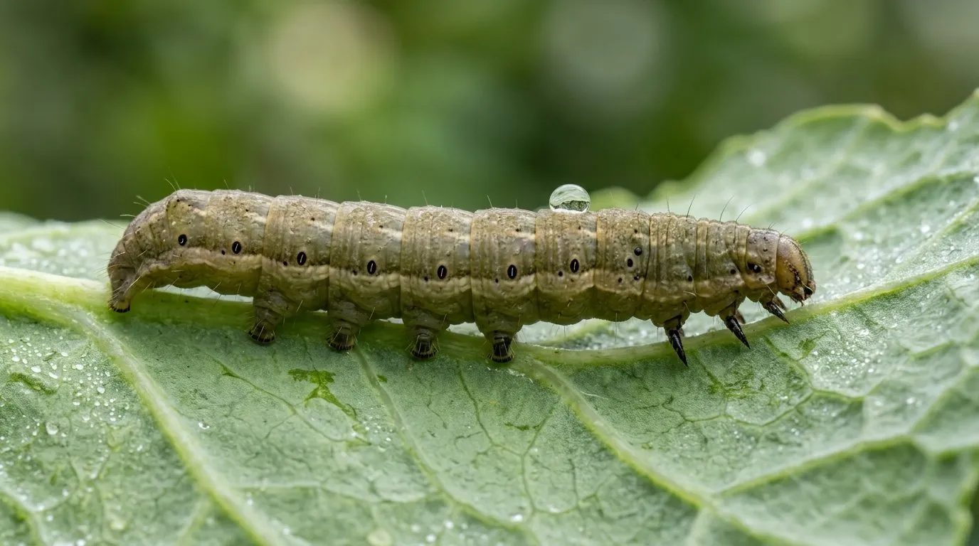 Mature cabbage moth caterpillar (Mamestra brassicae) showing diagnostic features, smooth greenish-brown body and pale lateral stripe on a UK cabbage leaf