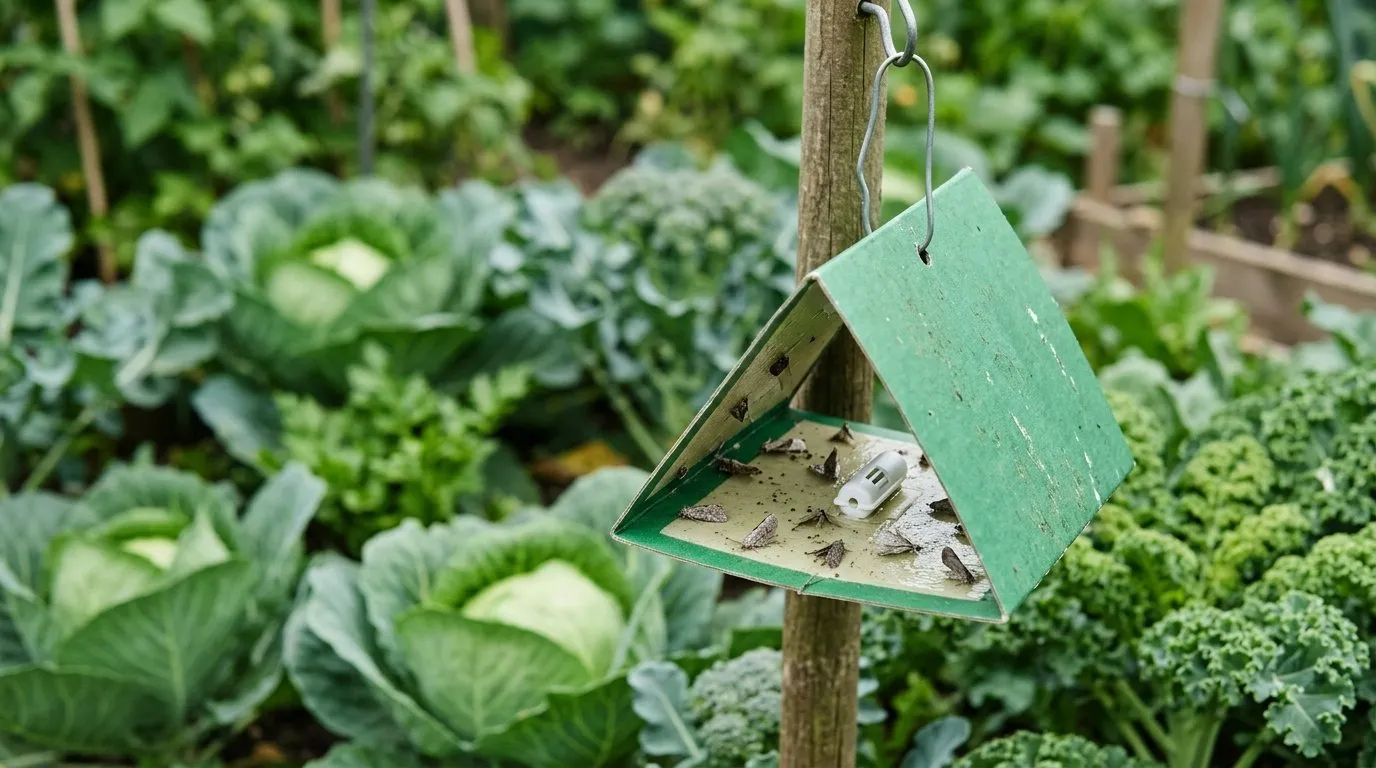 A green delta pheromone trap hanging in a UK vegetable garden brassica bed with captured cabbage moths on the sticky base