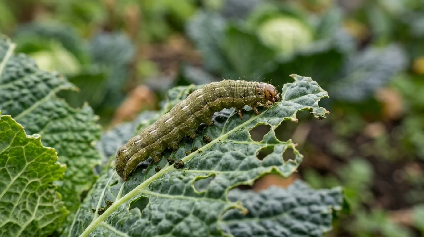 Cabbage moth caterpillar feeding on a savoy cabbage leaf in a UK kitchen garden, showing typical ragged holes and dark frass