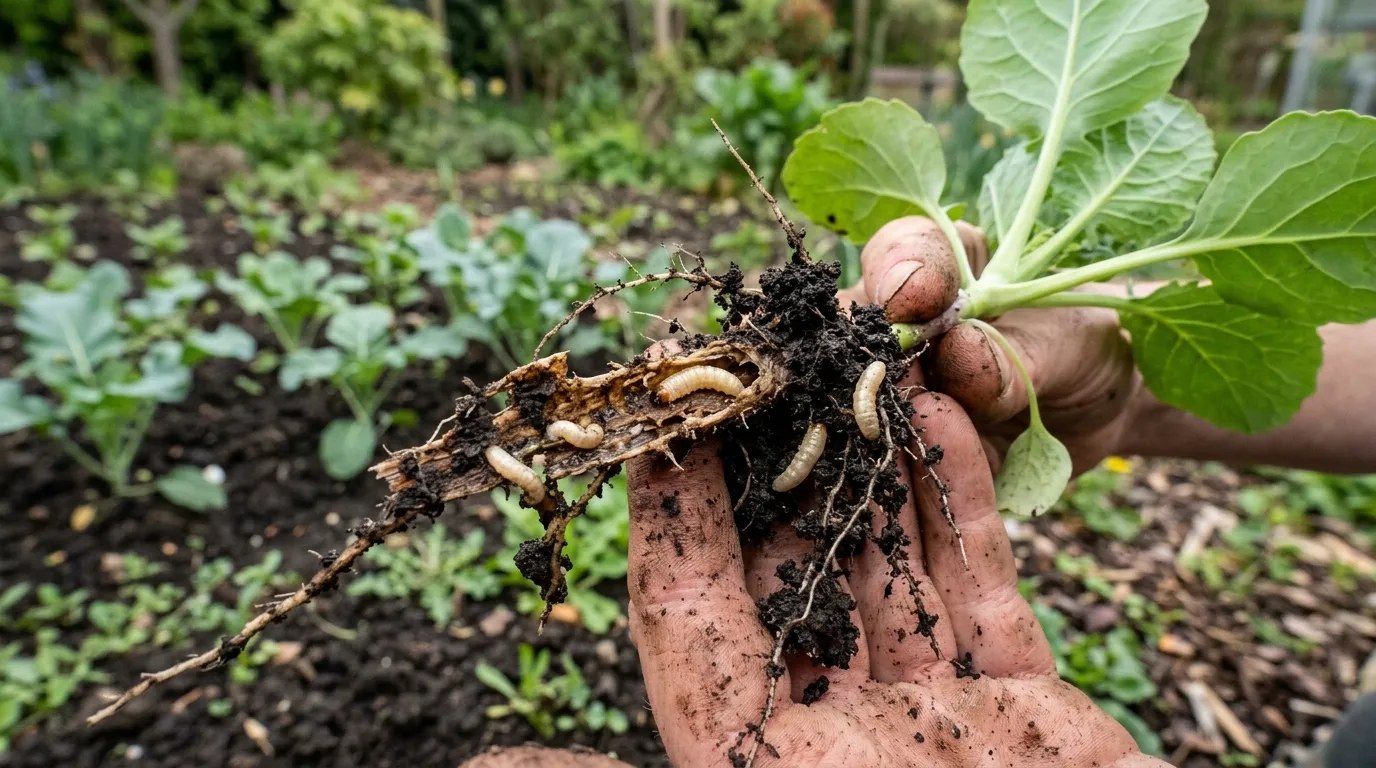 Cabbage root fly damage showing white maggots on brassica roots in a UK vegetable garden
