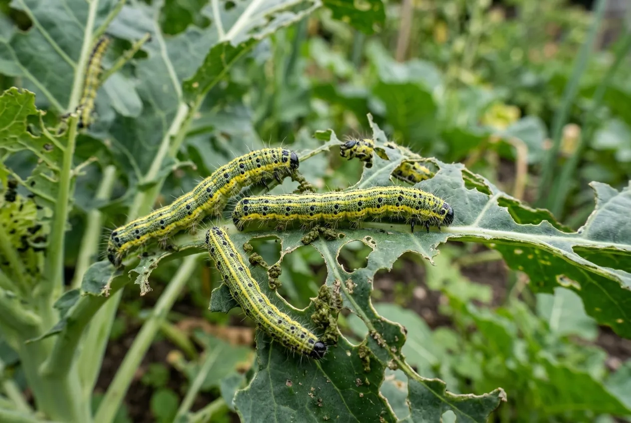 Cabbage white caterpillars feeding on a brassica leaf showing typical damage in a UK vegetable garden