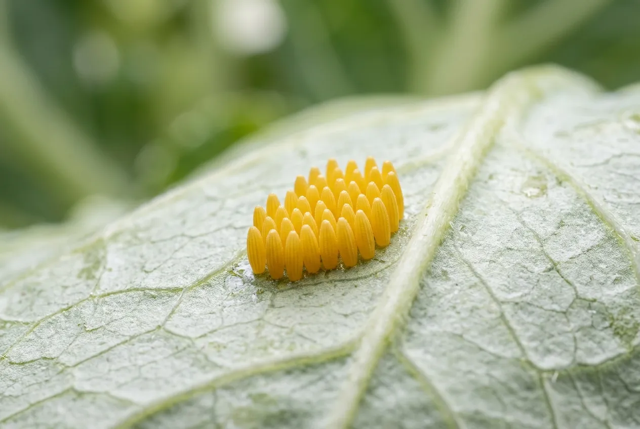 Close-up of yellow cabbage white butterfly eggs on the underside of a cabbage leaf