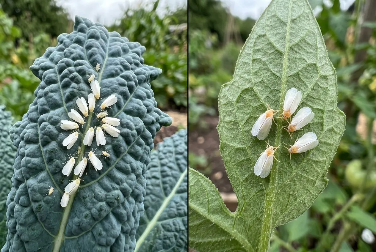 A side-by-side macro comparison of two whitefly species on leaves, cabbage whitefly on a blue-green kale leaf and glasshouse whitefly on a soft green tomato leaf, both showing tiny white winged adults
