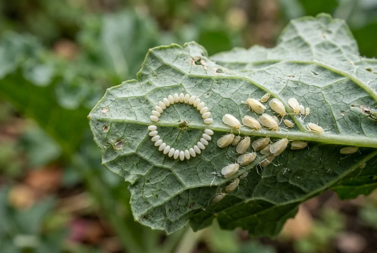 A macro view of the underside of a kale leaf showing a neat circle of pale cabbage whitefly eggs alongside flat scale-like nymphs, the classic overwintering and breeding stage on a UK brassica