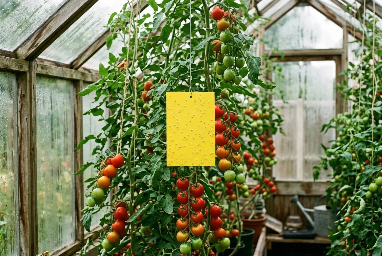 Tomato plants inside a UK greenhouse with a yellow sticky trap hanging between trusses, a faint scatter of glasshouse whitefly stuck to it, healthy red and green tomatoes nearby