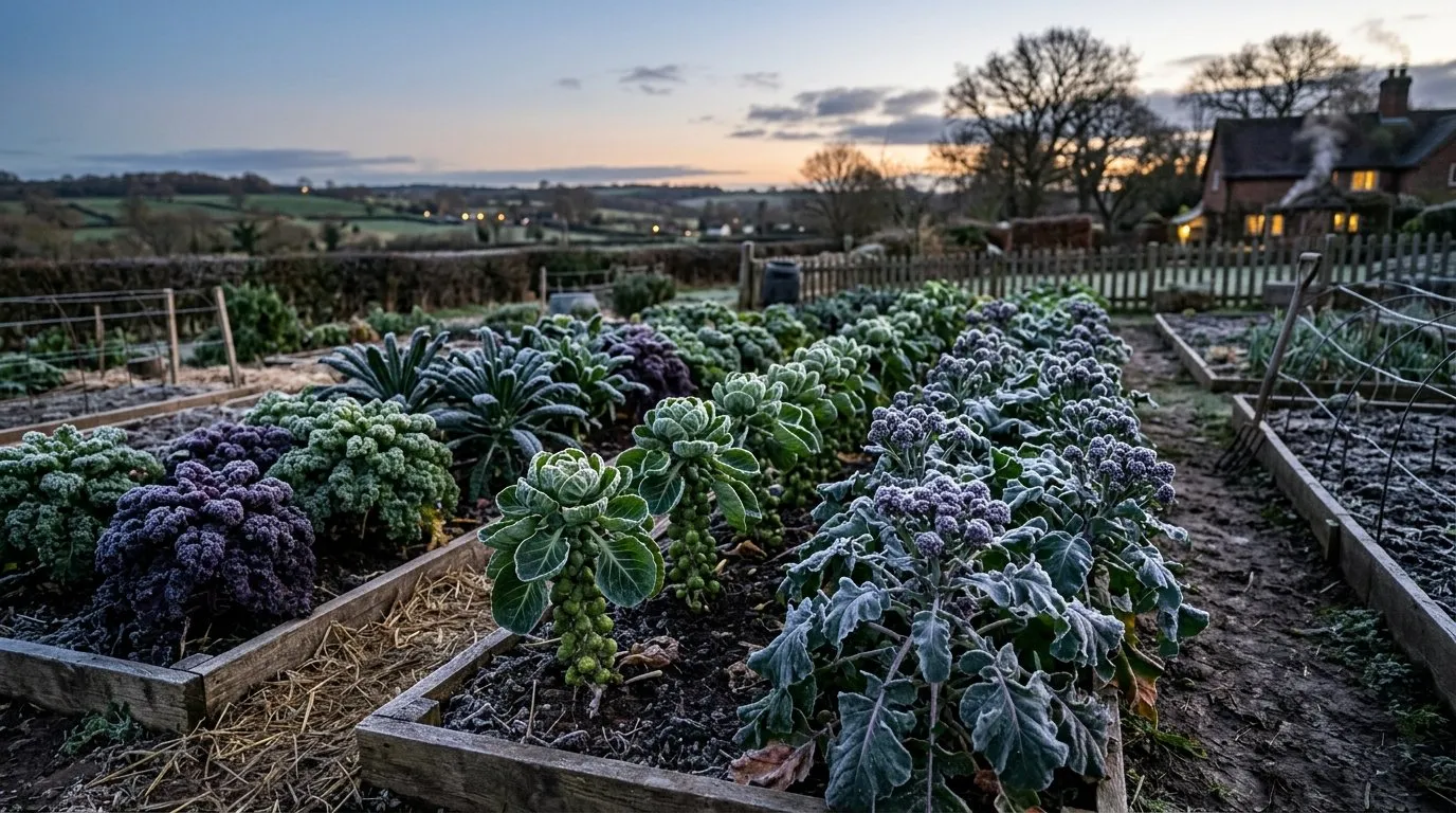 A healthy winter brassica patch in a Staffordshire kitchen garden at dusk, frost on the kale and purple sprouting broccoli, cropping well despite a light cabbage whitefly presence on lower leaves