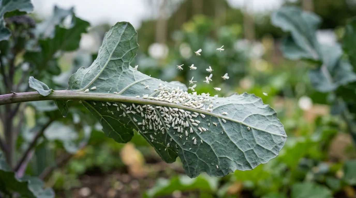 A close-up of cabbage whitefly clustered on the underside of a purple sprouting broccoli leaf in a UK kitchen garden, tiny white triangular adults disturbed into flight