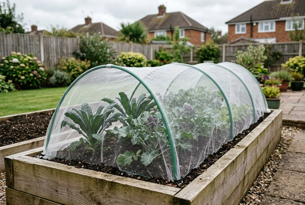 A well-ordered raised brassica bed in a suburban UK garden covered with fine insect mesh on hoops, kale and purple sprouting broccoli growing underneath, neat and weed-free