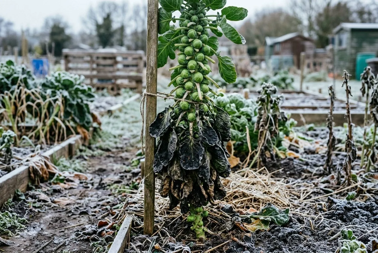 Lower leaves of a Brussels sprout plant in a winter allotment plot showing black sooty mould and sticky honeydew from cabbage whitefly, with clean healthy sprouts buttoning up the stem above