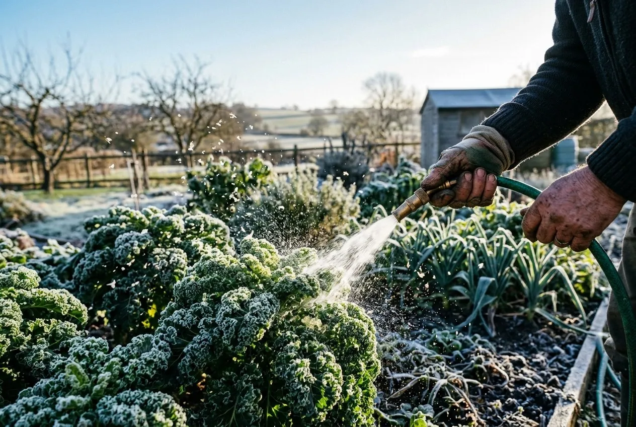 A gardener using a hose with a jet nozzle to spray the underside of kale leaves in a frosty Staffordshire kitchen garden on a clear winter morning, water droplets catching the low sun