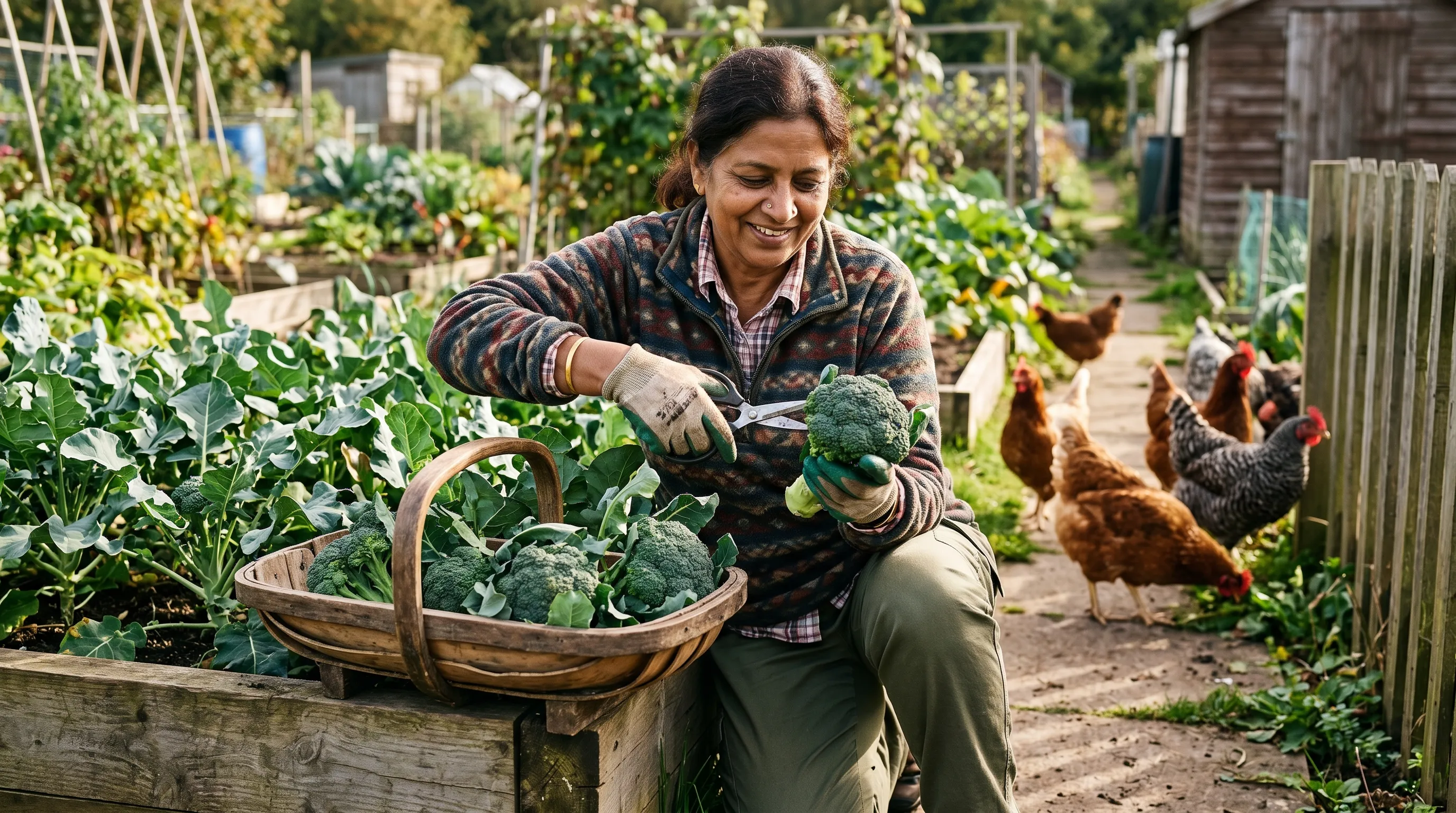 A UK Indian heritage gardener kneeling at a raised bed harvesting calabrese with kitchen scissors and laying cut heads onto a wooden trug with chickens free-ranging in the background of the allotment