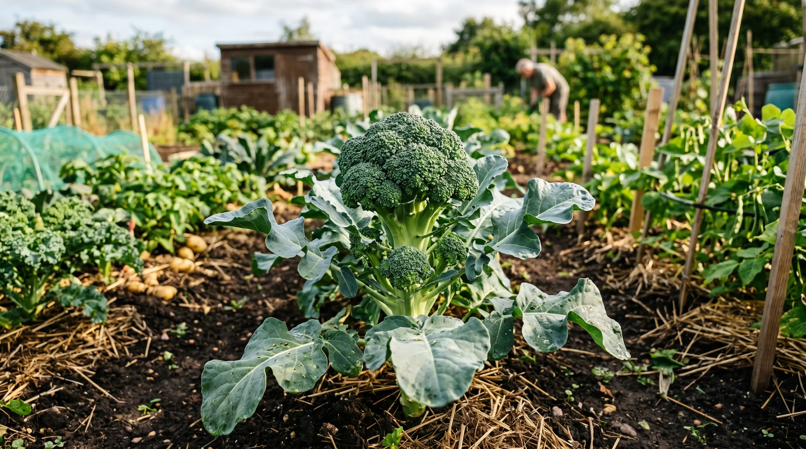 Fresh calabrese head with tight green florets standing in a UK allotment row in mid-summer ready for harvest with side spears developing on the stem