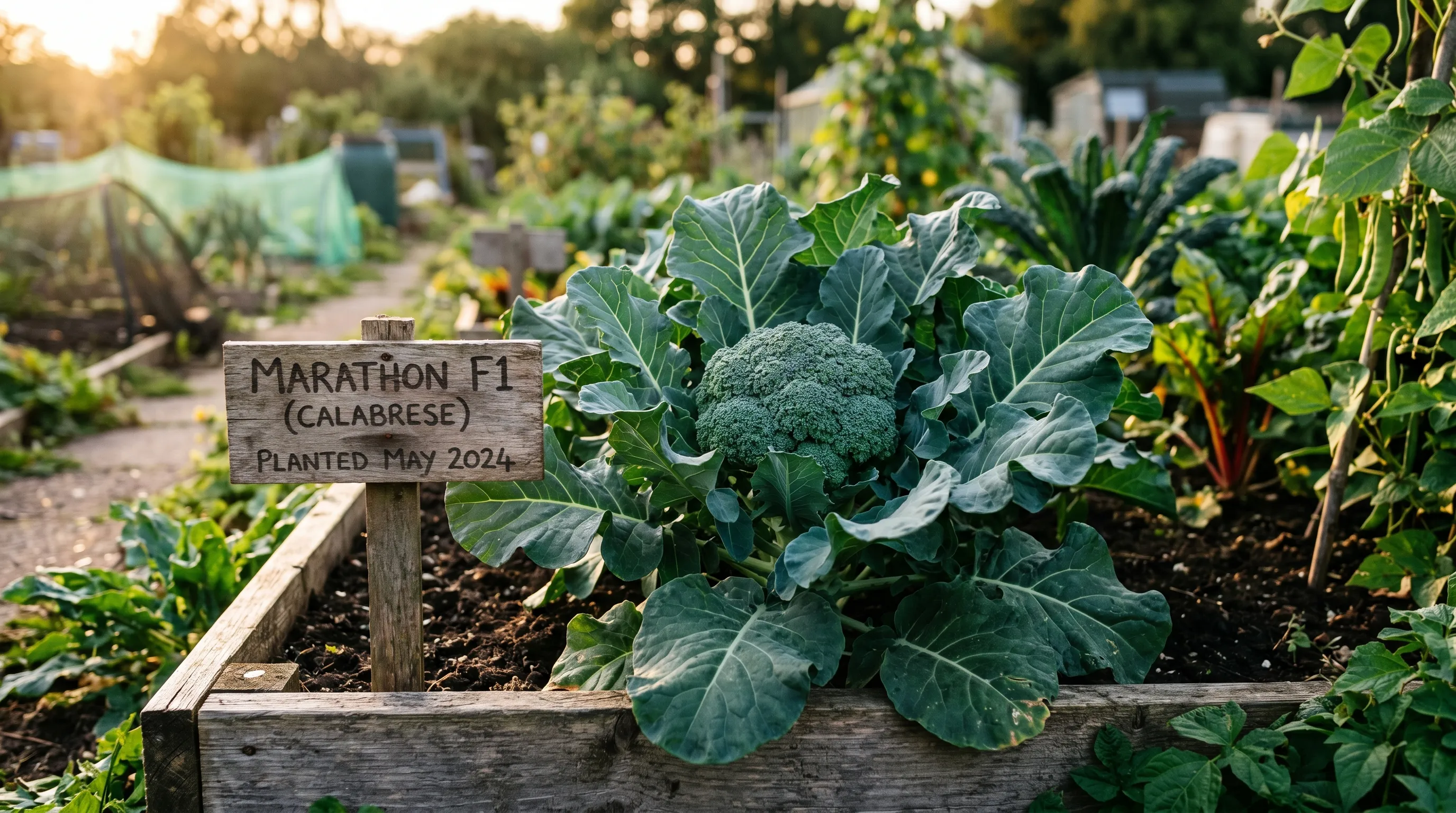 Healthy calabrese plant in a UK raised bed with a tight green central head fully formed and labelled garden marker showing the variety Marathon F1 in late afternoon light