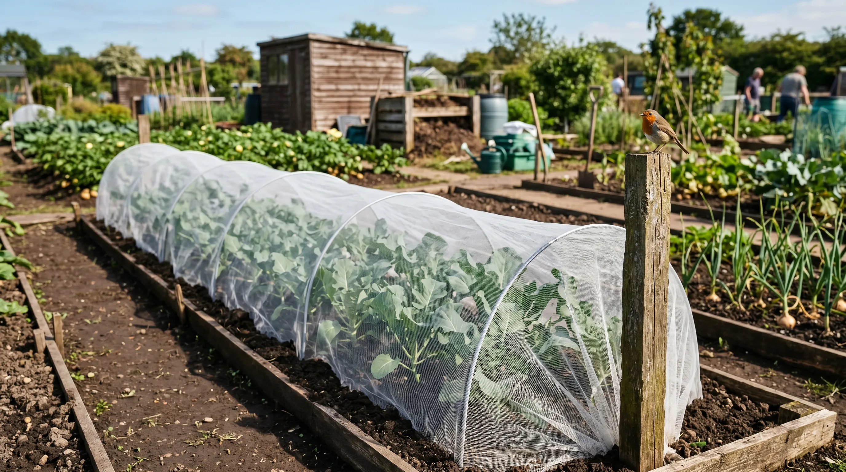 UK allotment row of calabrese plants under fine white insect mesh on hoops 50cm above the bed with the mesh tucked into the soil along both sides and a robin watching from a wooden post