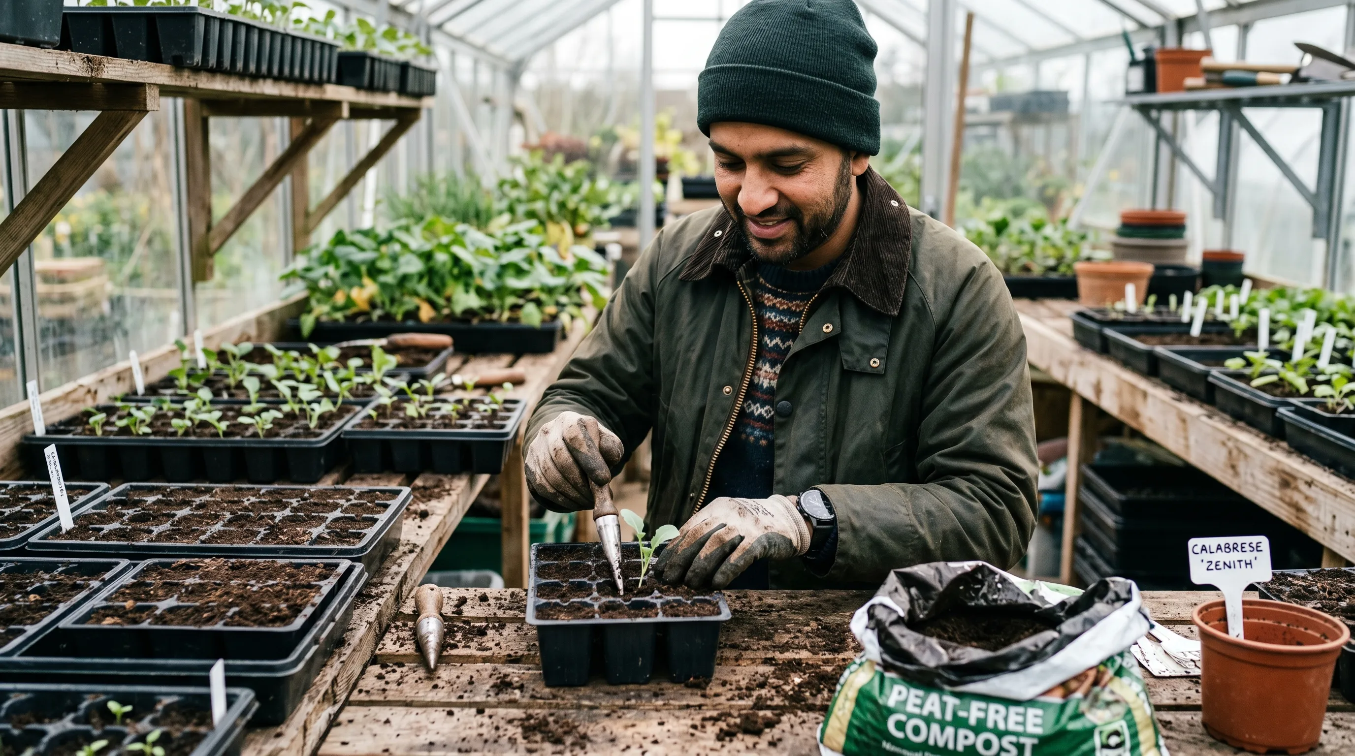 A UK gardener of South Asian heritage in his thirties potting up calabrese seedlings into modular trays with peat-free compost on a potting bench in early spring with rows of trays already prepared
