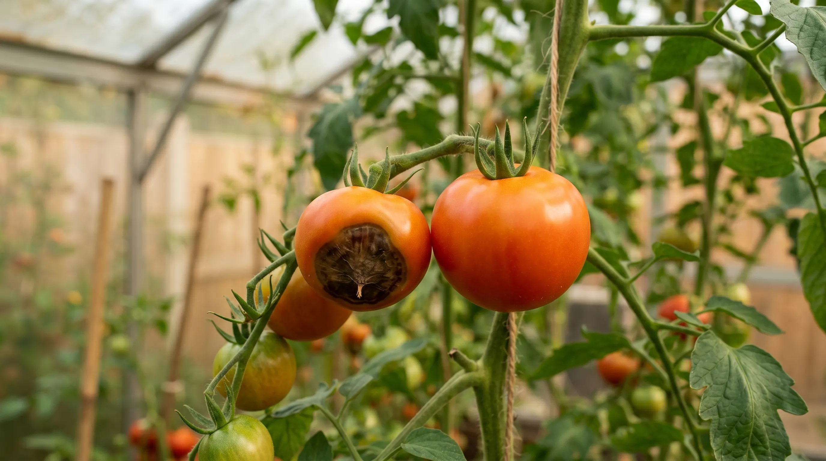 A diagnostic close-up of a UK greenhouse tomato showing classic blossom end rot, a sunken brown patch on the base of the fruit, beside a healthy fruit on the same truss
