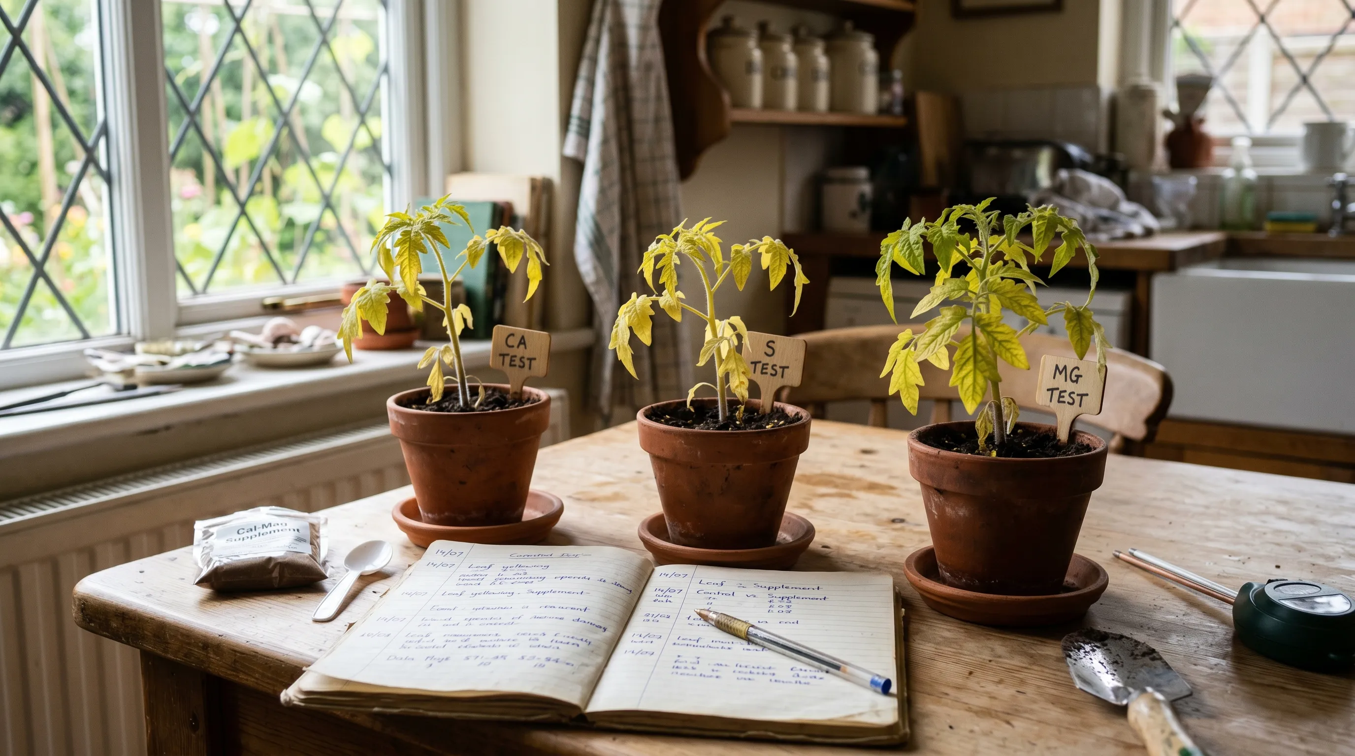 A UK gardener's kitchen-table soil sample station with three small pots of yellowed tomato plants labelled "Ca test", "S test" and "Mg test", each treated with a different supplement