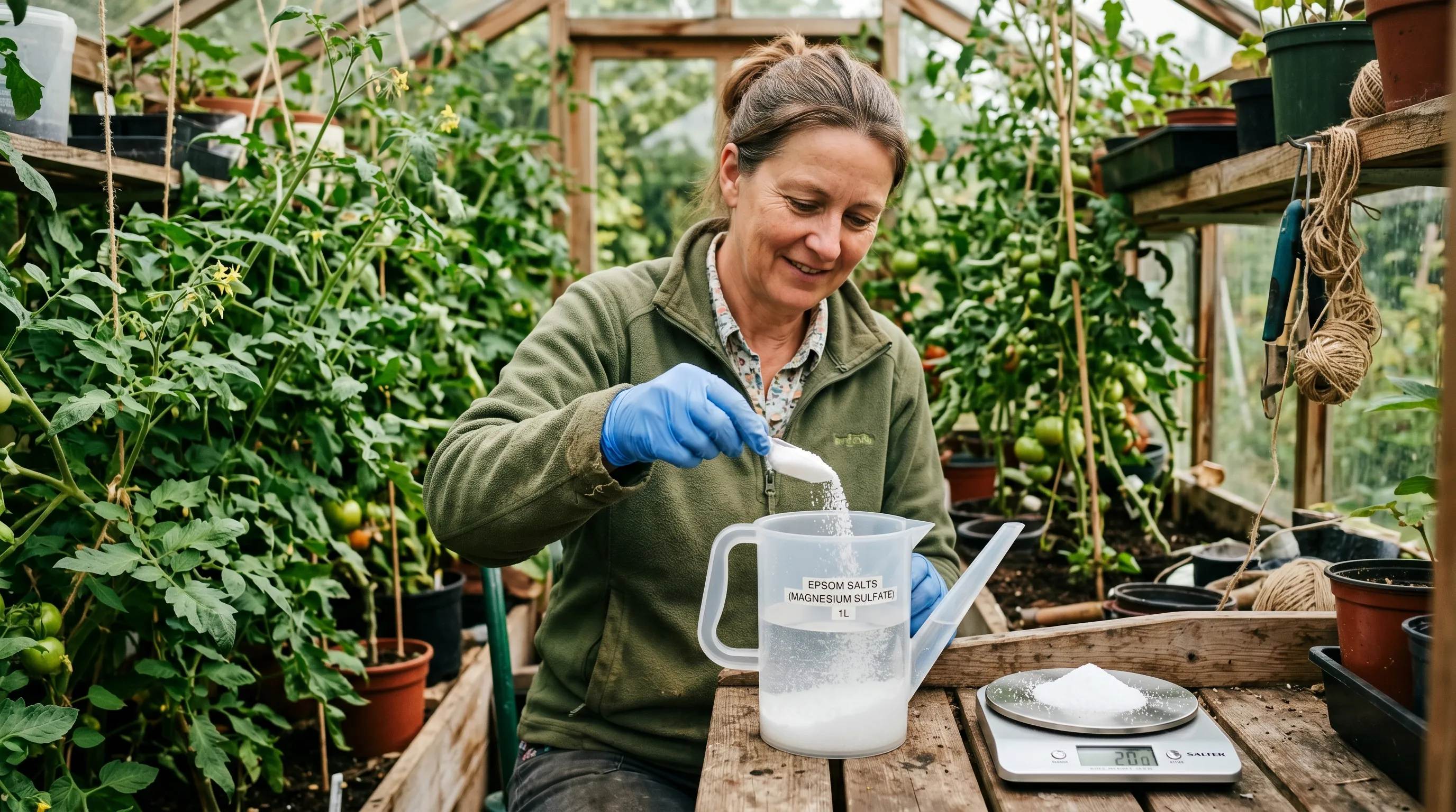 A UK gardener mixing Epsom salts in a 1-litre watering can with a small kitchen scale showing 20g of the white crystals, ready to apply as a foliar spray to a greenhouse tomato plant