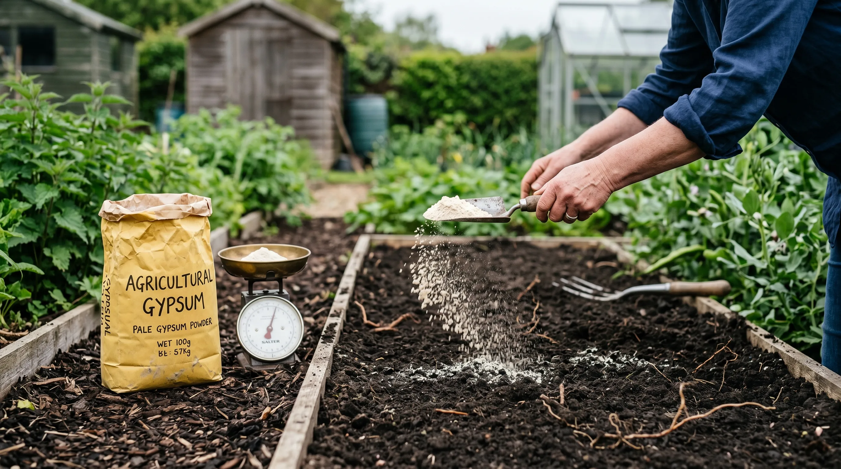 A UK gardener's hand scattering pale gypsum powder evenly across a freshly cleared tomato bed, with a yellow bag of agricultural gypsum and a small scale beside the bed