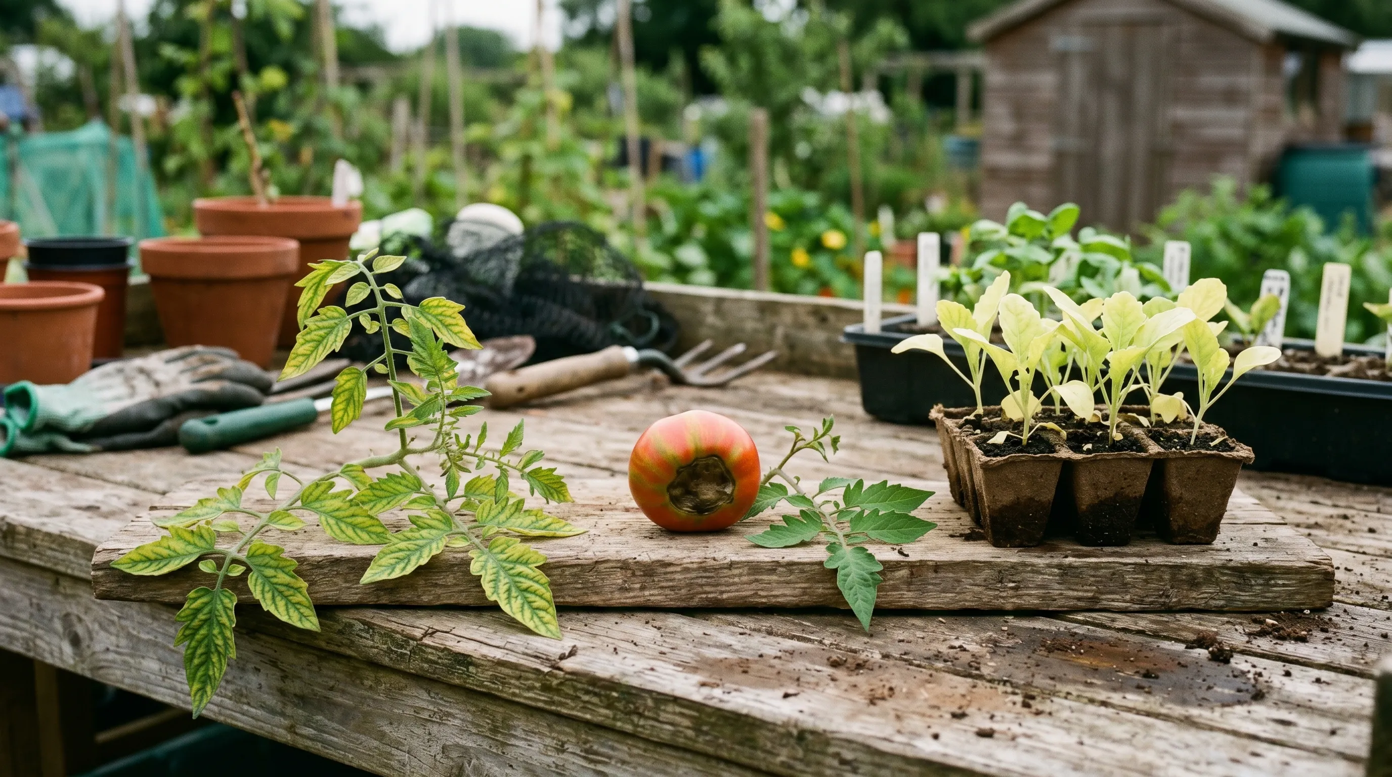 A diagnostic layout showing tomato leaves with magnesium yellowing, calcium-deficient blossom end rot, and sulphur-pale brassica seedlings, on a UK allotment bench
