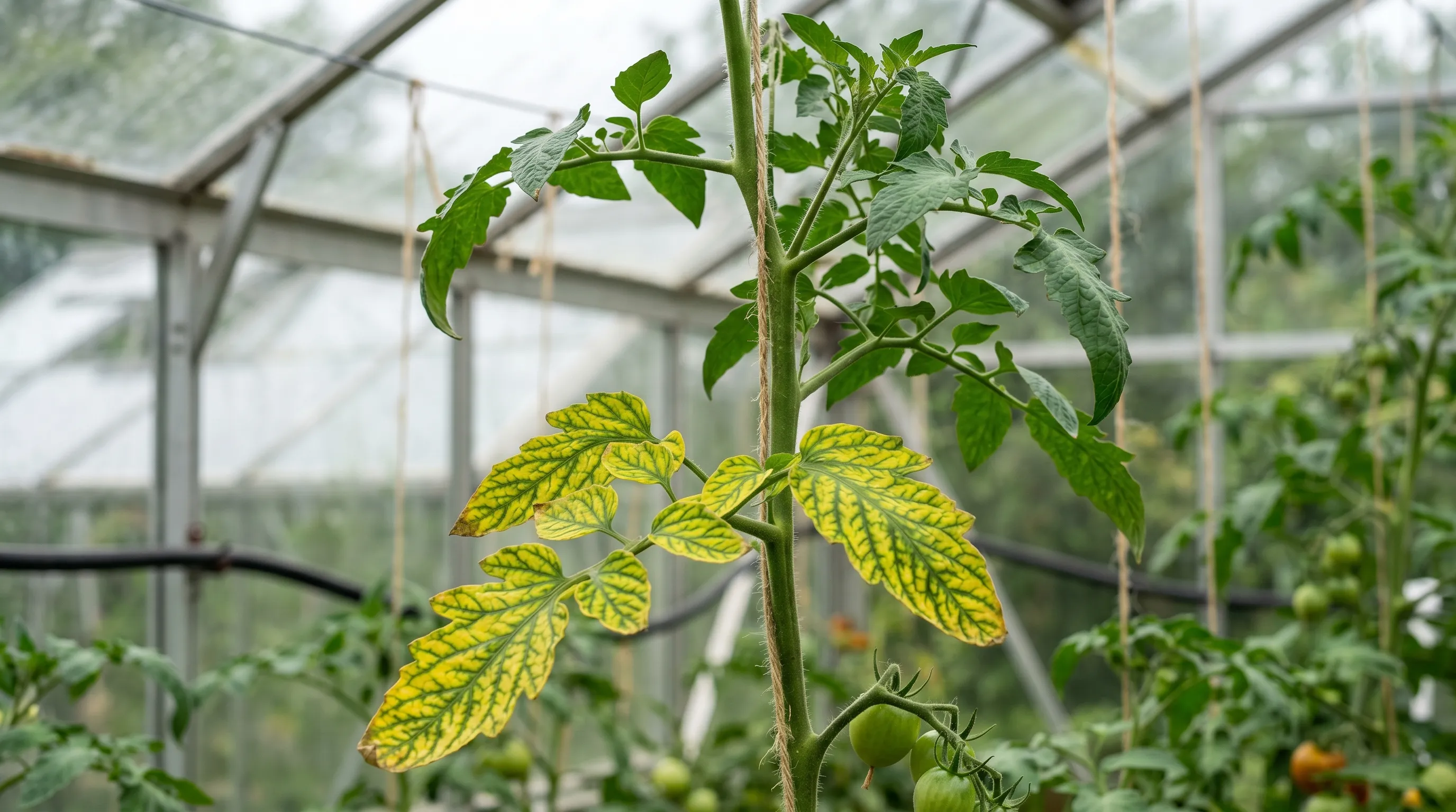 A UK greenhouse tomato plant showing classic magnesium deficiency: bright yellow blotches between dark green veins on lower leaves, with healthy green leaves higher up the cordon