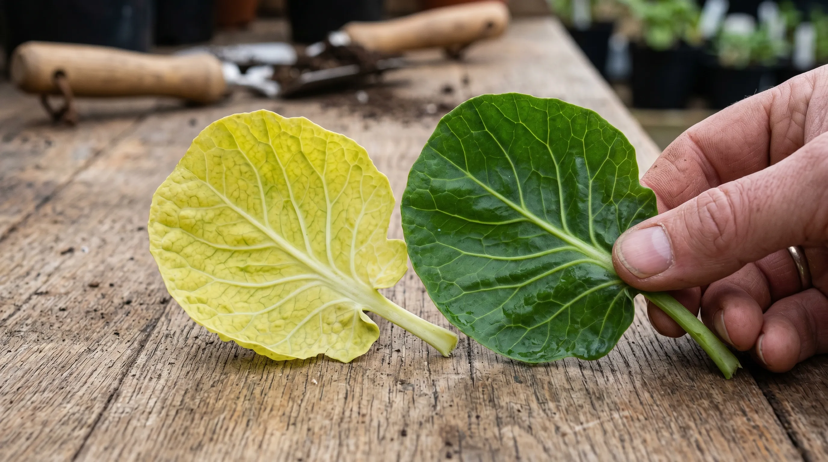 A diagnostic close-up of a pale yellow Brussels sprout leaf showing classic sulphur deficiency with uniform interveinal yellowing on the upper leaves, beside a healthy dark green leaf from the same plant for comparison