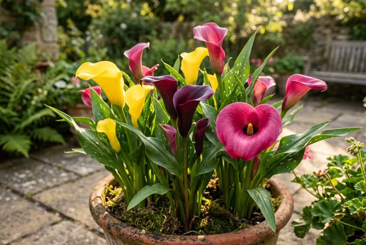 Coloured calla lily varieties in pink, yellow and dark purple growing in a mixed container planting on a UK patio