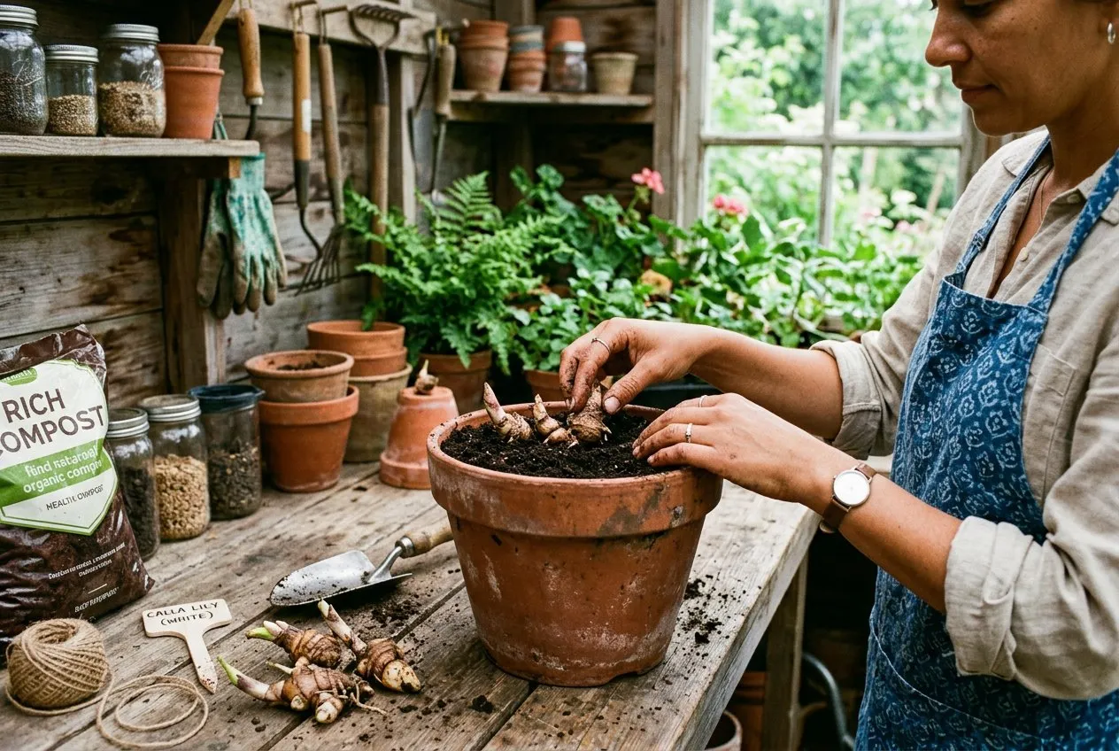 Calla lily rhizomes being planted in a terracotta pot of compost on a potting bench in a UK garden shed