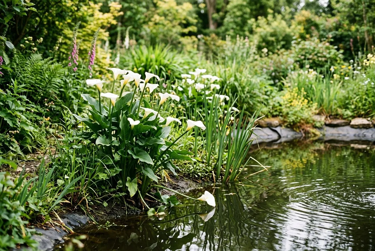White calla lilies growing as marginal plants at the edge of a UK wildlife garden pond with water reflections