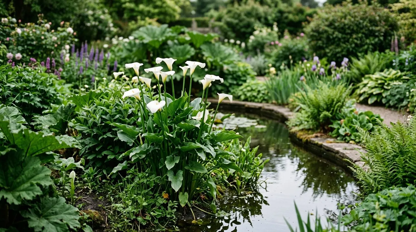 White calla lilies growing beside a garden pond in a UK country garden