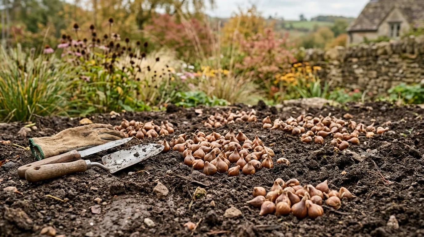 Camassia bulbs laid out for autumn planting in groups on prepared damp meadow soil UK