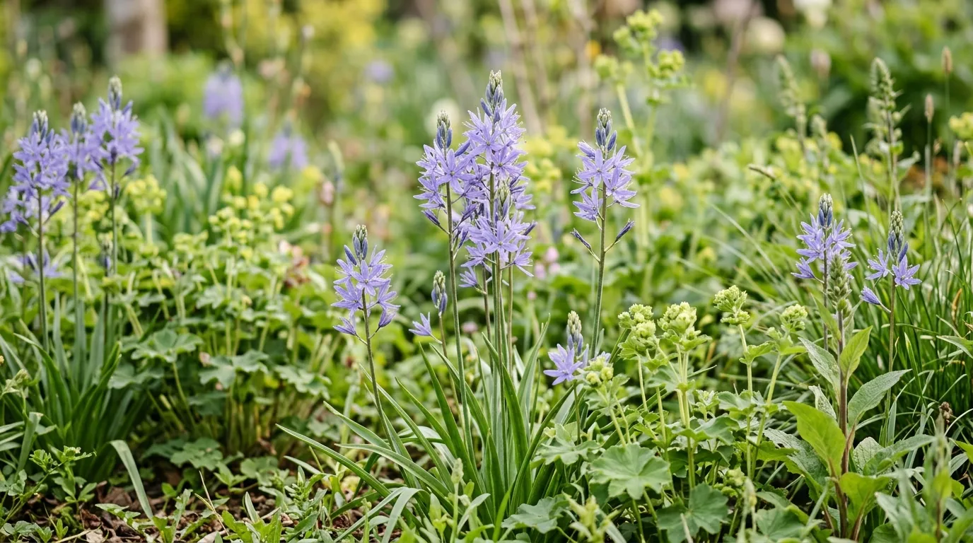 Camassia cusickii with dense lavender-blue flower spikes in a UK spring border