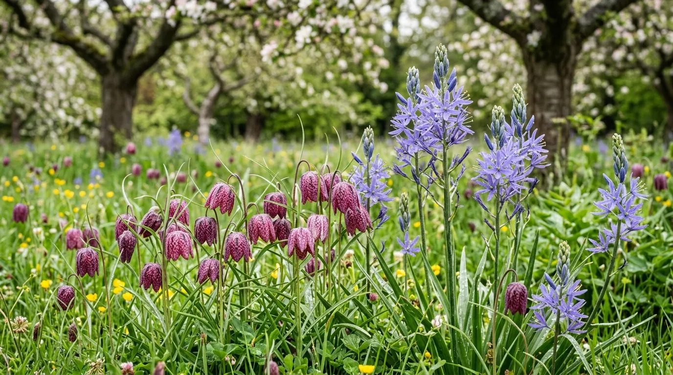 Camassia and snake head fritillary naturalised together in damp spring meadow UK garden