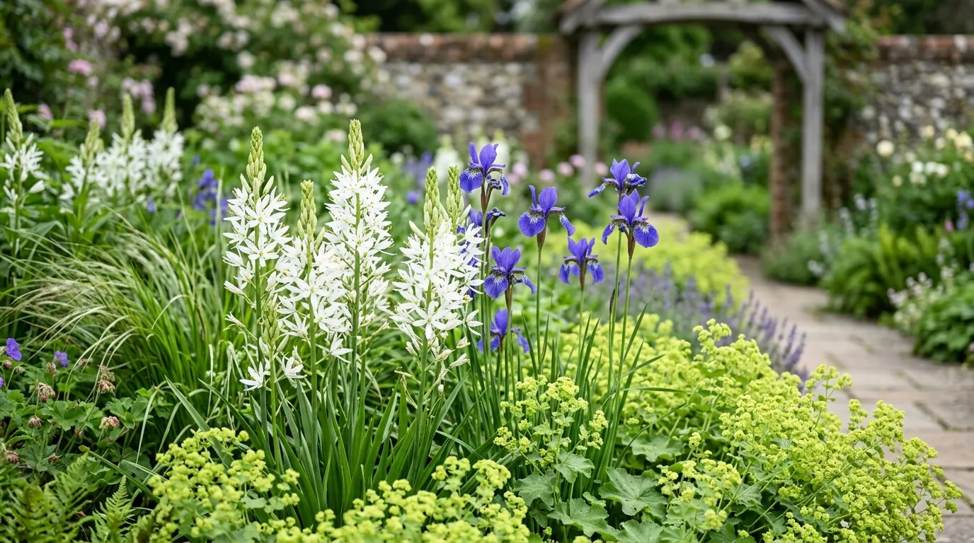 White Camassia leichtlinii Alba variety flowering in a UK border with iris sibirica and alchemilla mollis