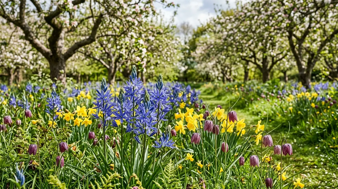 Camassia naturalised with daffodils and spring bulbs in a UK orchard meadow