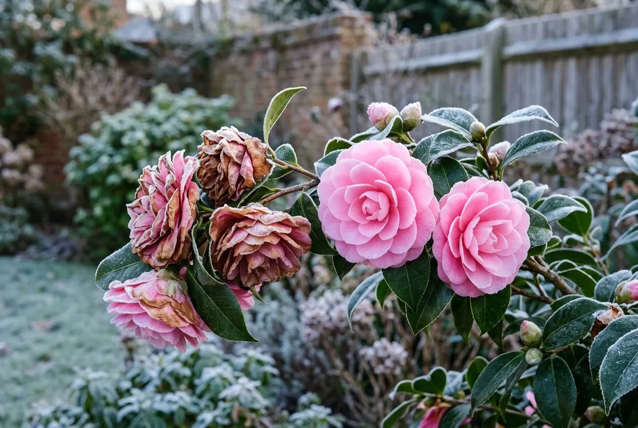 A UK garden Camellia japonica showing brown frost-damaged flowers next to healthy pink blooms, photographed on a frosty March morning in a suburban garden