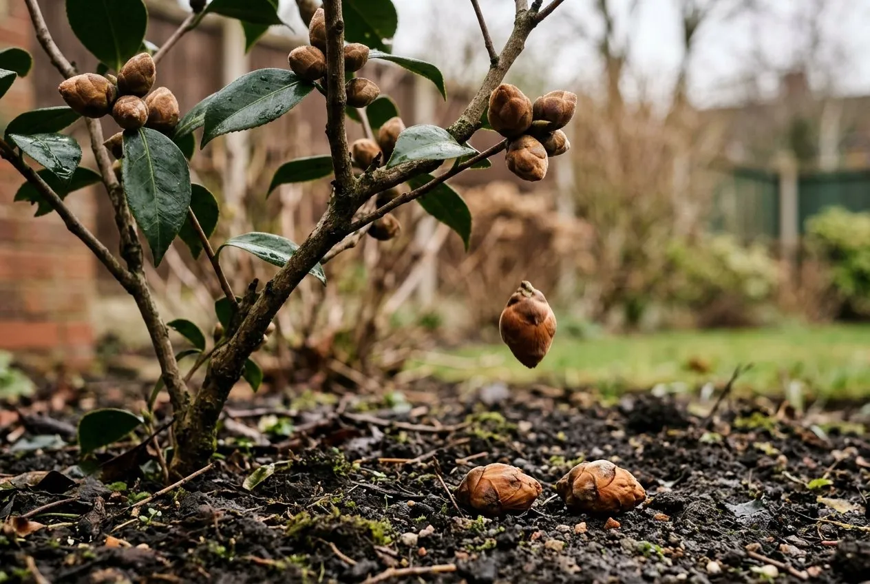 A diagnostic close-up of a UK garden camellia branch showing several swollen flower buds that have turned brown and dropped onto the soil below, in late winter