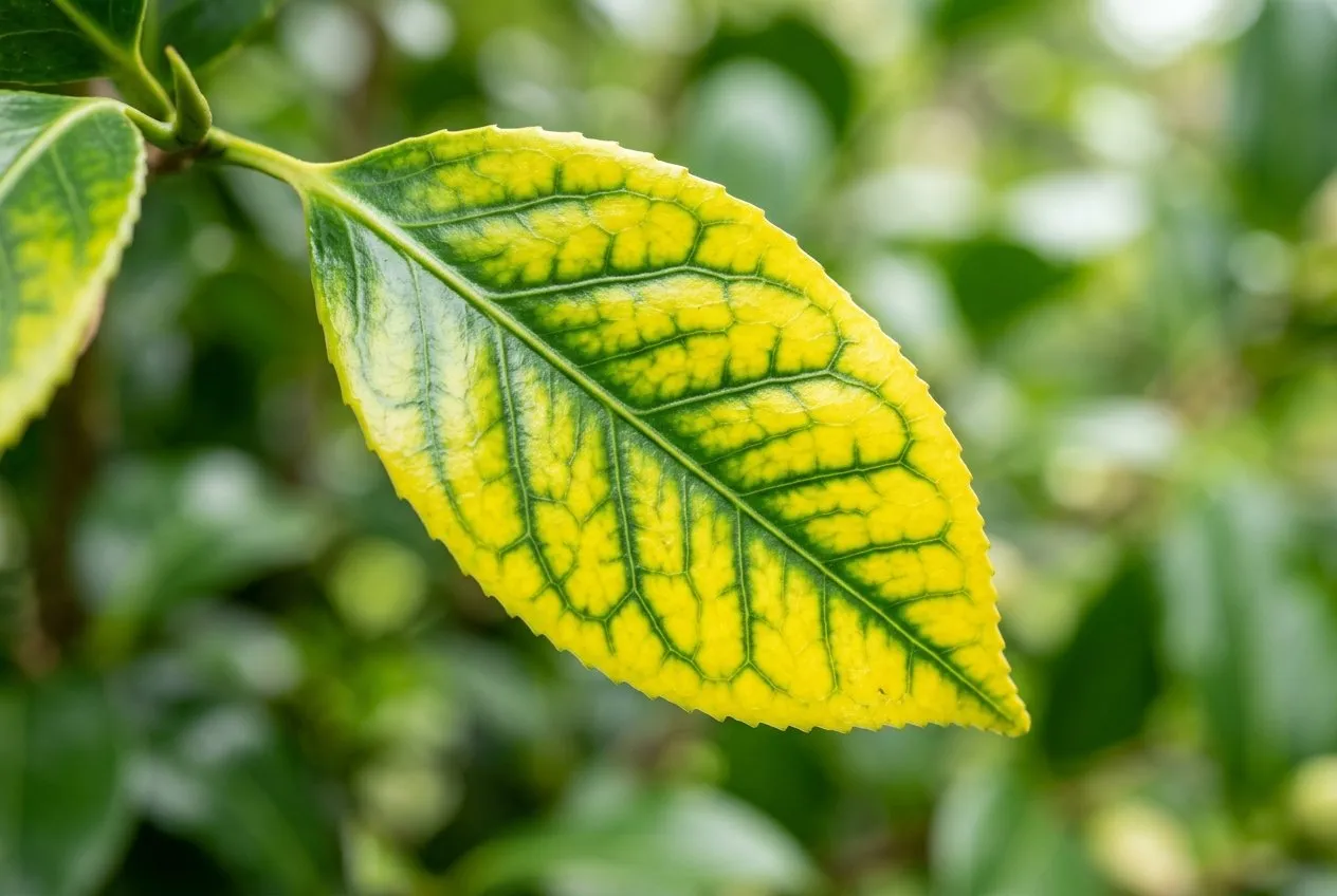 A close-up of a UK camellia leaf showing classic lime-induced chlorosis with bright yellow tissue and dark green veins, held against an out-of-focus garden background