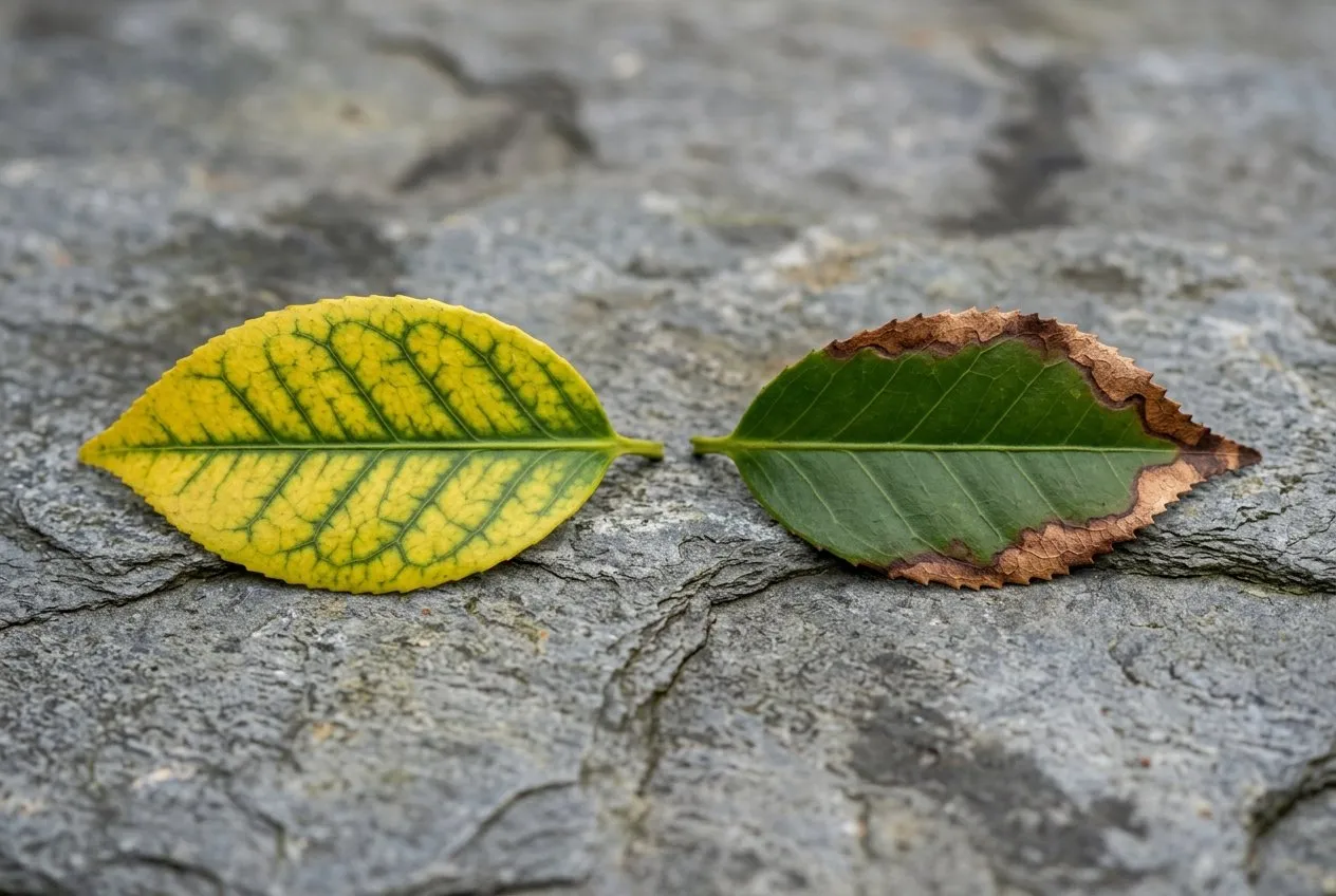 A side-by-side diagnostic comparison of two UK camellia leaves, the left showing yellow chlorosis with green veins and the right showing brown scorch margins, both in late winter