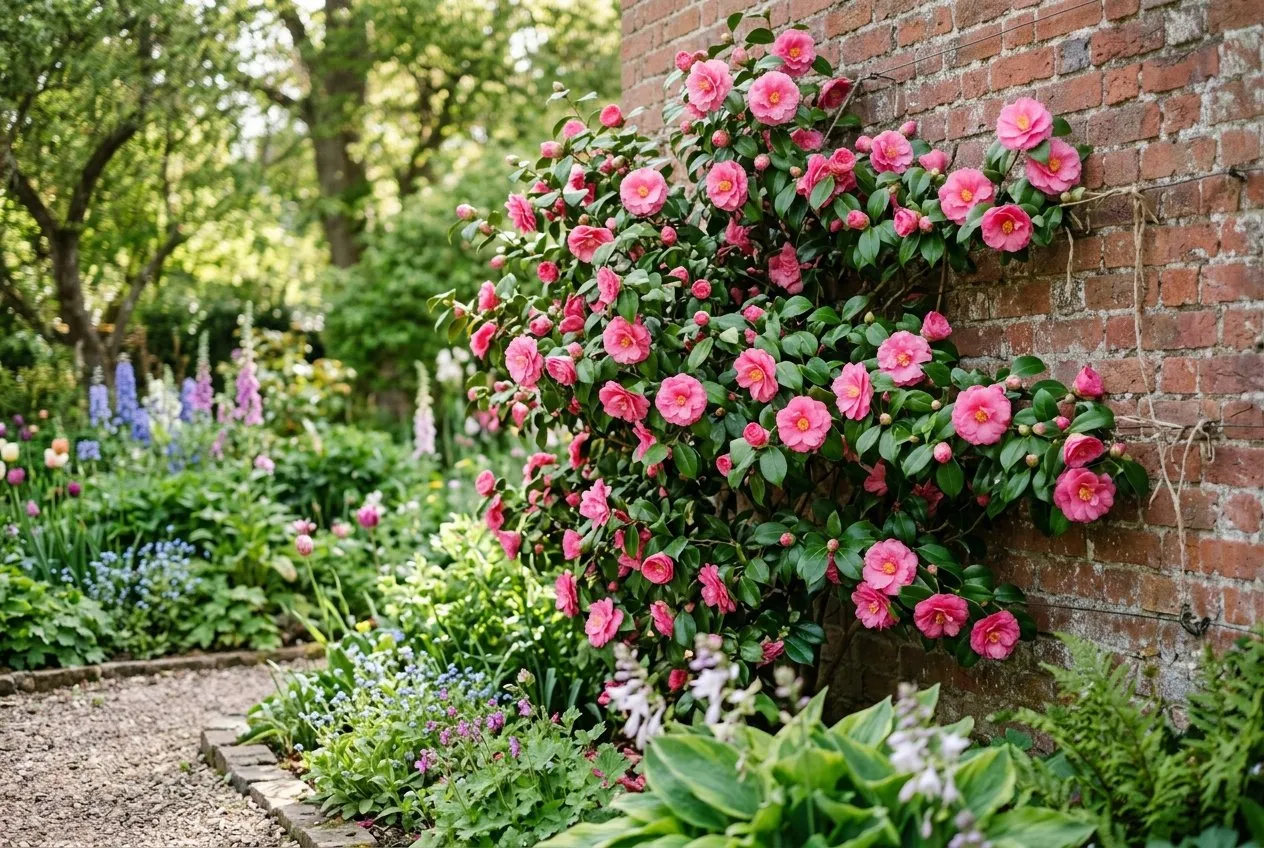 A healthy mature camellia in full pink flower against a sheltered red-brick wall in a UK cottage garden, with no yellowing or bud drop, in April