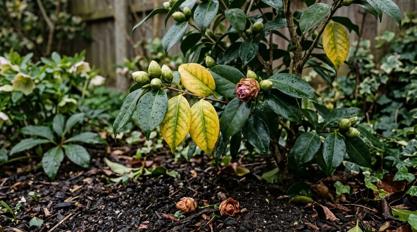 A diagnostic close-up of a UK garden camellia showing yellowing leaves with green veins, dropped flower buds and brown balled flowers, in early spring