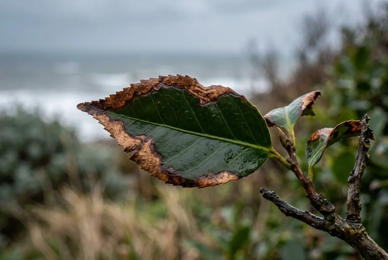 A UK garden camellia leaf with brown scorched edges and a frost-bitten margin, photographed in a windswept seaside garden in early March