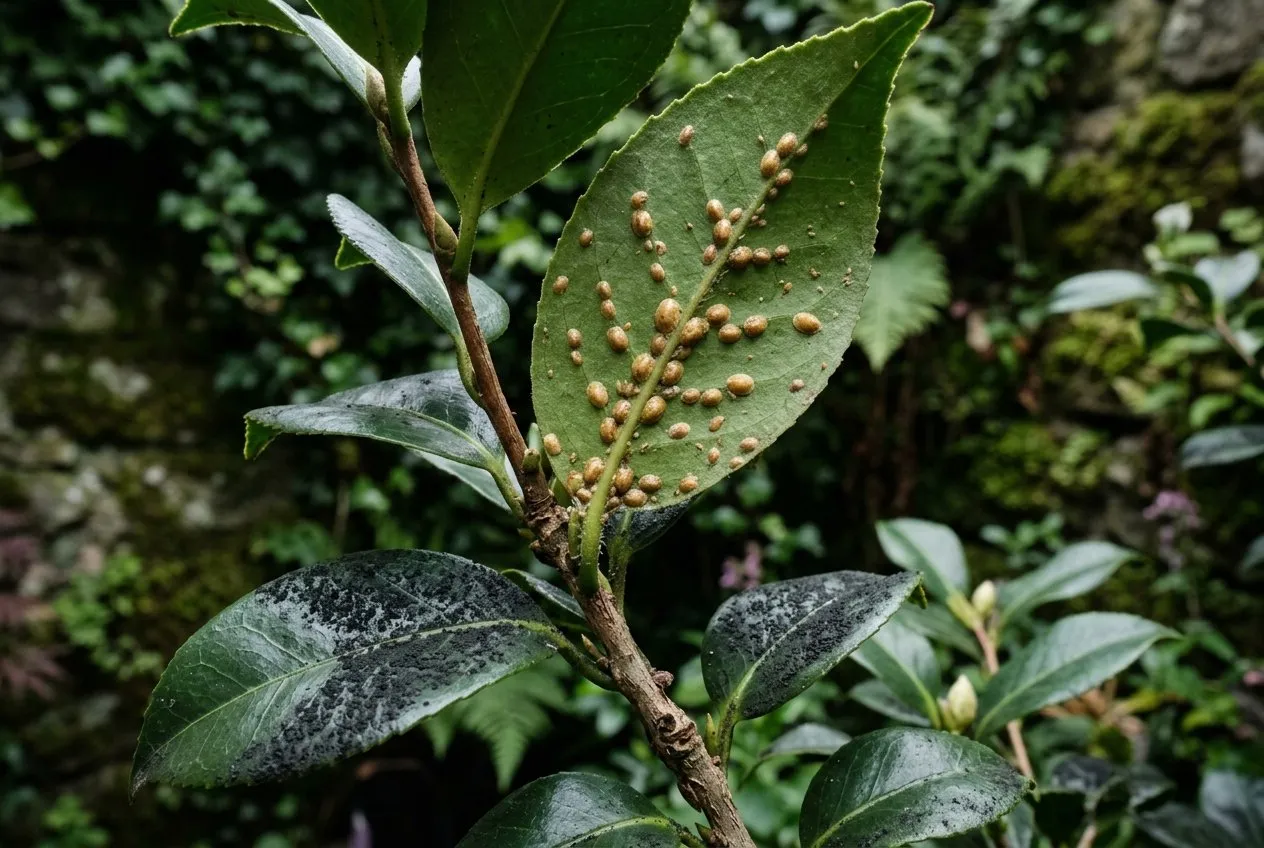 A UK camellia stem and leaf underside showing brown limpet-like scale insects with black sooty mould on the leaves below, in a shaded courtyard garden