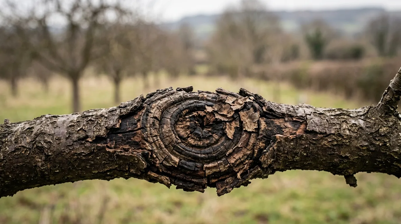 Canker fruit trees showing sunken bark lesions and dieback on an apple tree branch in a UK orchard