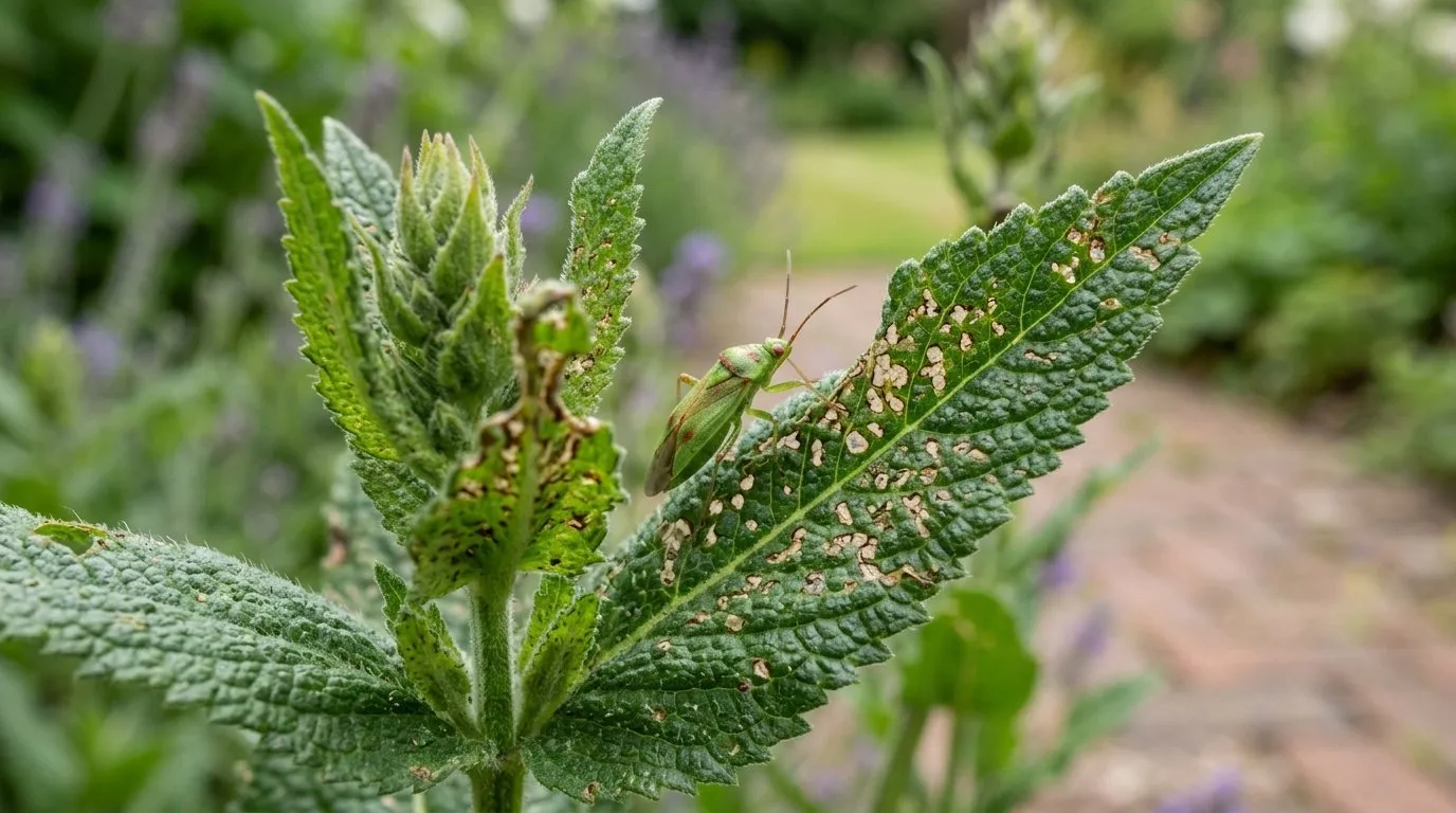 Close-up showing capsid bug identification control on UK garden plant for identification